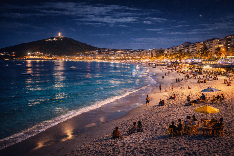 Praia do Forte em Cabo Frio à noite com areia branca iluminada, mar azul calmo e quiosques movimentados na orla com vista para o morro do Forte São Mateus.